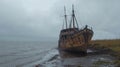 Rusted Shipwreck on a Shoreline with Gray Skies Royalty Free Stock Photo