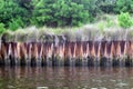 Rusted steel waterway barrier with grass, #2