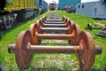 Rusted Train Wheels on Rail Tracks. Royalty Free Stock Photo