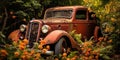 Rusted, vintage car overtaken by nature, with vines and flowers growing through its open windows and hood, concept of