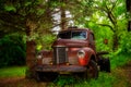 Vintage flatbed truck under green trees Royalty Free Stock Photo