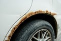 Rusted wheel arch at car. car corrosion Royalty Free Stock Photo