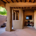 A rustic adobe with a courtyard, a kiva fireplace, and a pueblo-style design2, Generative AI