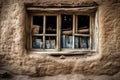 Rustic adobe house window. Close up shot.