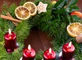 Rustic advent christmas wreath with burning candles stock images