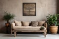 Rustic aged sofa, weathered old coffee table and houseplant in clay pots against wall with poster frame