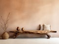 Rustic aged wood log bench near stucco empty wall with copy space. Boho interior design of modern living room