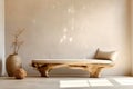 Rustic aged wood log bench near stucco empty wall with copy space. Boho interior design of modern living room in country house.