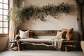 Rustic aged wood tree trunk bench with pillows