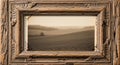 Rustic Aged Wooden Frame with Sepia Toned Landscape Inside 114045 Royalty Free Stock Photo
