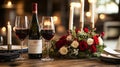 A rustic anniversary dinner setup with candles, wine, and fresh Royalty Free Stock Photo