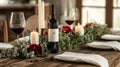 A rustic anniversary dinner setup with candles, wine, and fresh Royalty Free Stock Photo