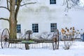 Rustic, Antique Farm Plow, White Barn