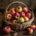 A rustic apple basket filled with a variety of heirloom apples,