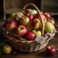 A rustic apple basket filled with a variety of heirloom apples,