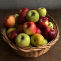 A rustic apple basket filled with a variety of tart and sweet apples