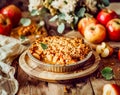 apple crumble with a golden brown crust and cinnamon-infused apple slices