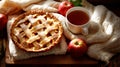 Rustic Apple Pie with Hot Tea and Cozy Sweater Setup for Autumn Comfort Royalty Free Stock Photo