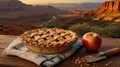 Apple pie with lattice crust on a wooden table with autumn mountain view Royalty Free Stock Photo