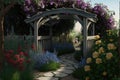 rustic arbor that leads to garden path with blooming flowers Royalty Free Stock Photo