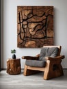 Rustic armchair made from natural solid wood. Interior design of modern living room with wooden abstract panel on white wall