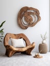 Rustic armchair made from natural solid wood. Interior design of modern living room with wooden abstract panel on white wall