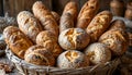 Rustic Artisan Bread Assortment In Wicker Basket With Warm Bakery Atmosphere Royalty Free Stock Photo
