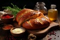 A rustic artisan Challah made with organic, natural ingredients. The bread is set on a wooden cutting board, surrounded by