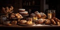 A rustic, artisanal bakery display, featuring freshly baked bread and pastries, celebrating the craft of baking, concept