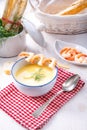 Rustic asparagus soup with shrimp skew and diel Royalty Free Stock Photo