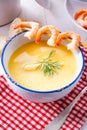 Rustic asparagus soup with shrimp skew and diel Royalty Free Stock Photo