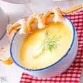Rustic asparagus soup with shrimp skew and diel Royalty Free Stock Photo