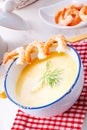 Rustic asparagus soup with shrimp skew and diel Royalty Free Stock Photo