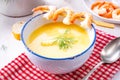 Rustic asparagus soup with shrimp skew and diel