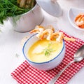 Rustic asparagus soup with shrimp skew and diel