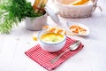Rustic asparagus soup with shrimp skew and diel Royalty Free Stock Photo