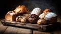 Rustic Assortment of Artisan Breads Displayed on a Weathered Wooden Board Royalty Free Stock Photo