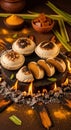 Traditional Indian Litti Chokha cooked over an open fire with spices and ingredients Royalty Free Stock Photo