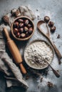Rustic autumn baking scene with chestnuts and flour on gray background,Roast Chestnuts Day Royalty Free Stock Photo
