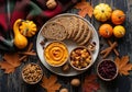 Rustic autumn harvest flat lay with sliced bread, pumpkin dip, and fall decorations Royalty Free Stock Photo
