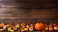 Rustic Autumn Harvest Pumpkins, Gourds, and Fall Decor Adorning a Wood Background Border with Copy Space. created with Generative Royalty Free Stock Photo