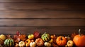 Rustic Autumn Harvest Pumpkins, Gourds, and Fall Decor Adorning a Wood Background Border with Copy Space. created with Generative Royalty Free Stock Photo