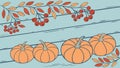 Rustic Autumn Pumpkins with Leaves and Berries on Wooden Background Royalty Free Stock Photo