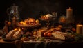 A rustic autumn still life bread, pumpkin, fruit, candle, table generated by AI