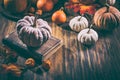 Rustic autumn still life with different pumpkins on wooden surface in vintage style Royalty Free Stock Photo