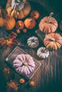 Rustic autumn still life with different pumpkins on wooden surface in vintage style Royalty Free Stock Photo