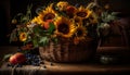 Rustic autumn still life: sunflowers, pumpkins, and leaves generated by AI