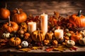 A rustic autumn-themed centerpiece with pumpkins, gourds, and candles, creating a warm and inviting atmosphere for Thanksgiving