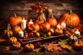 A rustic autumn-themed centerpiece with pumpkins, gourds, and candles, creating a warm and inviting atmosphere for Thanksgiving