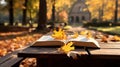 Rustic autumn vibes, Open book on wooden bench amidst fall foliage. Generative AI